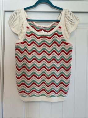 Kaily K Crocheted Wave Knit Top in Cream, Red, Green
